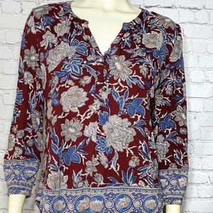 Lucky Brand Burgundy Blue Floral Long Slee… Small